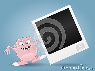 Pink monster and photo frame. Vector Illustration