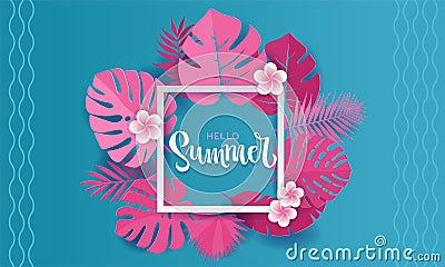 Pink monstera palm leaves aroung white square frame with hand lettering hello Summer Banner design in paper cut style. Origami Stock Photo