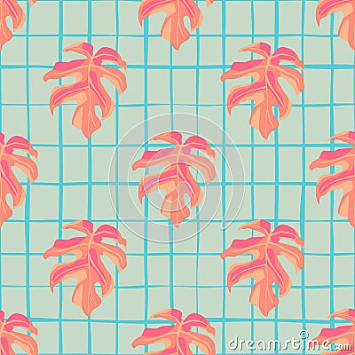 Pink monstera silhouettes seamless pastel pattern. Blue background with check. Creative tropical print Cartoon Illustration