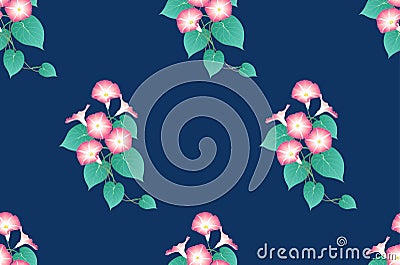 Pink Morning Glory Seamless on Indigo Blue Background. Vector Illustration Vector Illustration