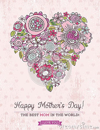 Pink Mother's Day card with big heart of spring flowers, vector Vector Illustration