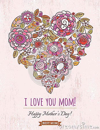 Pink Mothers Day card with big heart of spring flowers, vector Vector Illustration