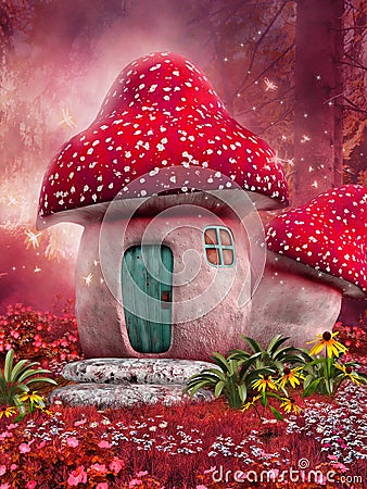 Pink mushroom house Stock Photo