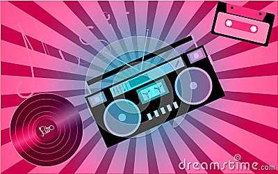 Pink musical analogue retro old hipster vintage gramophone vinyl record, audiocassette, music tape recorder from the 80`s 90`s a Vector Illustration