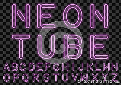 Pink neon light bulbs custom font . Handcrafted alphabet for design. Vector . Vector Illustration