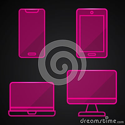 Pink neon technology icons on black background Vector Illustration