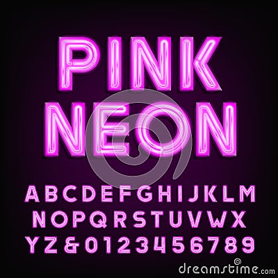 Pink neon tube alphabet font. Type letters and numbers on a dark background. Vector Illustration