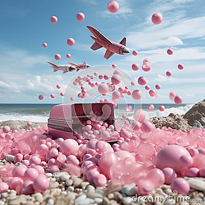 Pink Nespresso capsules fling from a pink combat plane. Stock Photo