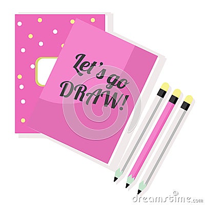 Pink notepad sketchbook and pencils Vector Illustration