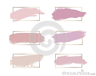 Pink, nude, rose, peach colors brush stroke watercolor texture wirh gold lines frames. Geometric shape with watercolor washes. Tre Vector Illustration