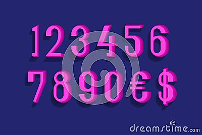 Pink numbers with currency signs of dollar and euro in decent 3d style Vector Illustration