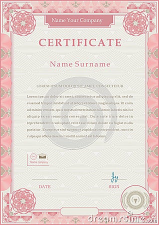 Pink official certificate. Pink guilloche border on beige background Vector Illustration