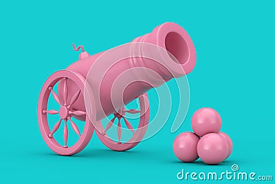 Pink Old Pirate Cannon with Cannonballs Duotone. 3d Rendering Stock Photo