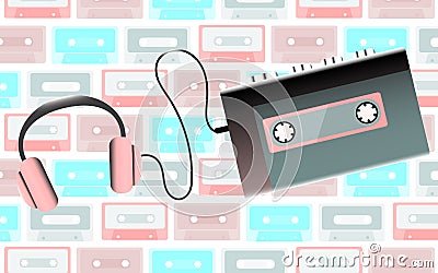 Pink old retro vintage hipster realistic portable music cassette audio player for audio cassettes from the 80`s, 90`s and headph Vector Illustration