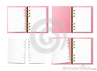 Pink open notebook mock up, bullet journal, planner, diary with gold furniture top view. Paper with dot texture. Opened Vector Illustration