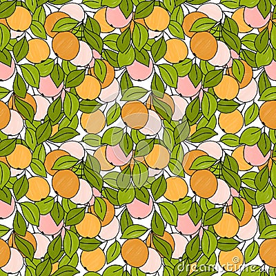 Pink and orange apples pattern. Fresh fruits with green leaves. Stock Photo