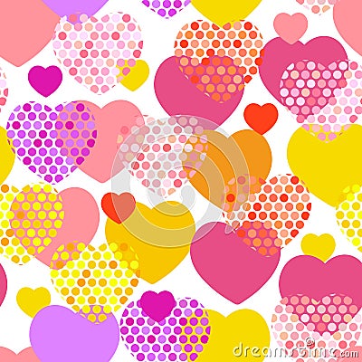 Pink orange lilac red yellow heart with polka dot heart seamless pattern on white background. Vector Vector Illustration