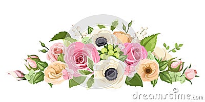 Pink, orange and white roses, lisianthuses, anemone flowers and green leaves. Vector illustration. Vector Illustration