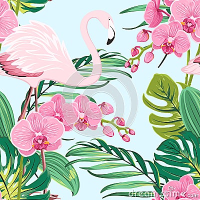 Pink orchid flamingo tropical leaves pattern blue Vector Illustration