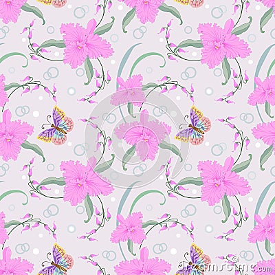 Pink orchids and butterfly seamless pattern background. Vector Illustration