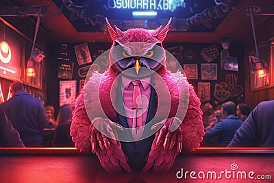 pink owl draped in a stylish leather jacket that symbolizes its status among the underworld elite in neon bar illustration Cartoon Illustration