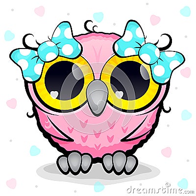 Pink owl girl with turquoise bows and enamored eyes. Love concept, valentine`s day. Vector Illustration