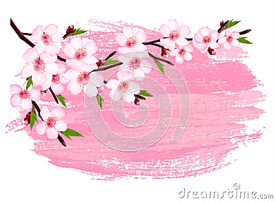 Pink paint sakura branch banner. Vector Illustration