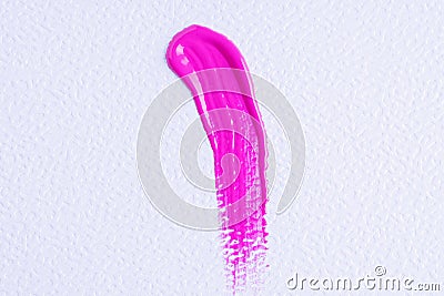 Pink paint swatch on white paper background. Bright pink swatch of lip gloss, cosmetic product stroke gouache, oil paint texture, Stock Photo