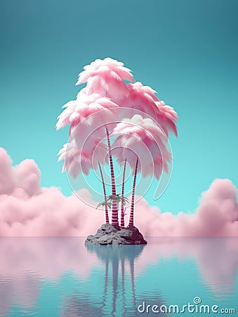 pink palm trees on a small island in a blue sea. Generative AI Stock Photo