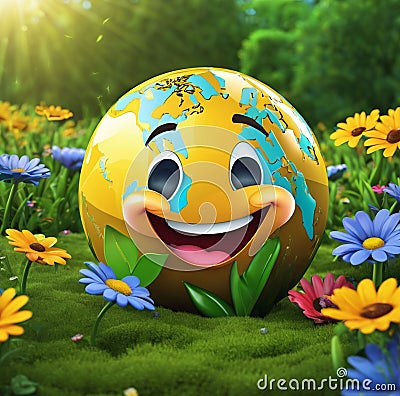 3D cartoon happy smiling globe Stock Photo