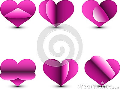 Pink paper heart icon set isolated from the white background.Love symbol.Valentine`s Day symbol. Cartoon Illustration
