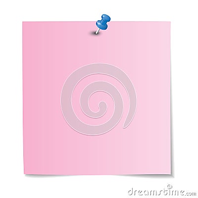 Pink paper note with blue pushpin Vector Illustration