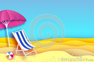 Pink parasol - umbrella in paper cut style. Blue Chaise lounge. Origami sea and beach. blue sky. Vacation and travel Vector Illustration