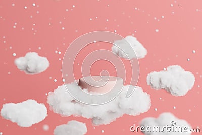 pink pastel podium display layer cloud float snow falling girly girl cute background celebrate sweet. Can put lovely gift box. Stock Photo