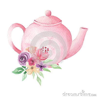 Pink Pastel Teapot Flowers Watercolor Foliage Afternoon Tea Floral Arrangement Stock Photo