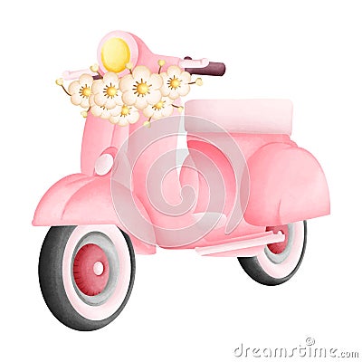 Pink Pastel Vintage Love Bike Cute Romantic Watercolor Clipart. Paris In Love collection with lovely retro pink motorcycle for Cartoon Illustration