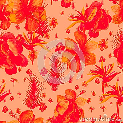 Pink Pattern Leaf. Red Seamless Vintage. Coral Tropical Leaf. Ruby Flower Art. Scarlet Wallpaper Nature. Decoration Nature. Stock Photo