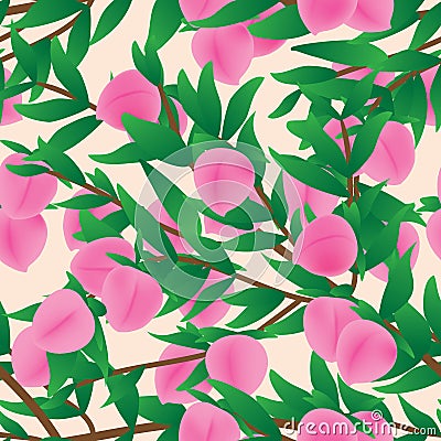 Pink peach fruit branch seamless pattern Vector Illustration