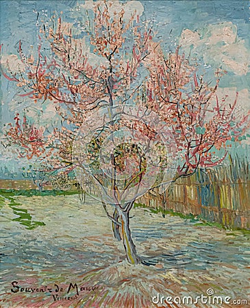 Pink peach trees Souvenir de Mauve, painting by Vincent Van Gogh Editorial Stock Photo