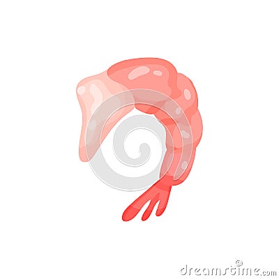 Flat vector icon of pink peeled shrimp. Tasty boiled prawn. Marine product. Cooking ingredient. Seafood theme Vector Illustration