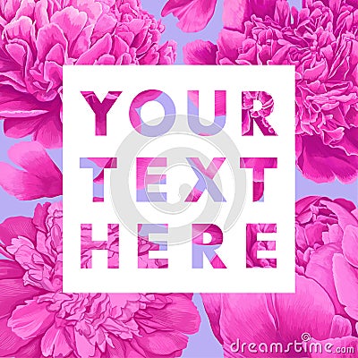 Trendy poster withpink peonies flowers and petals. Spring theme background. Vector Illustration