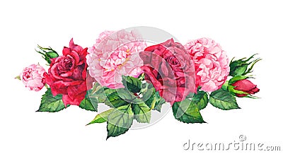 Pink peony flowers and red roses. Watercolor Stock Photo