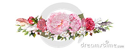 Pink peony flowers, roses and feathers. Watercolor in vintage style Stock Photo