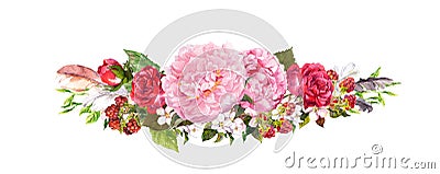 Pink peony flowers, roses and feathers. Watercolor in vintage style Stock Photo