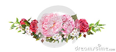 Pink peony flowers, roses, white apple or cherry flowers. Watercolor in vintage style Stock Photo