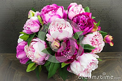 Pink Peony Rose Flowers Bouquet in Vase Stock Photo