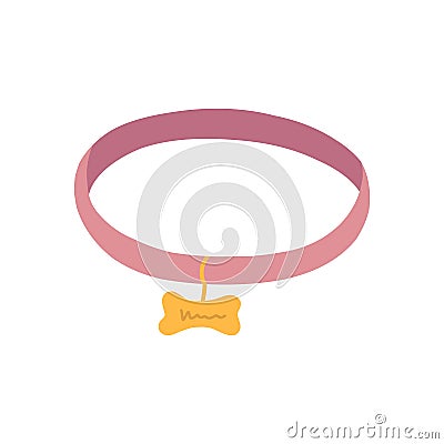 Pink pet collar with golden bone in cartoon flat style. Cats or dogs necklace with medallion. Kittens or puppies Vector Illustration