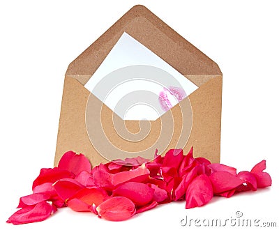 Pink petals of rose with letter in an envelope with kiss lipstick isolated on the white background Stock Photo