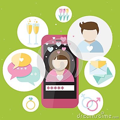 Pink phone with dating icons Vector Illustration