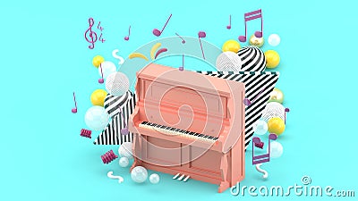 The pink piano is surrounded by notes and colorful balls on the blue background. Stock Photo